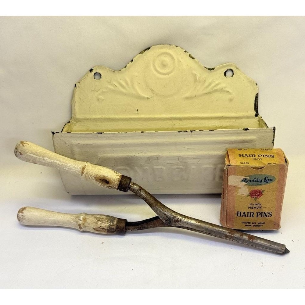 Antique Curling Iron Hair Curler Crimper Comb Wall Pocket & Pins Stylist Decor